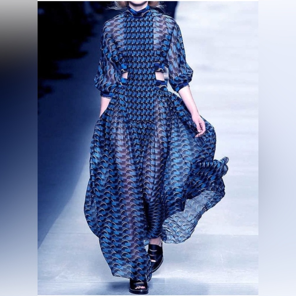 Two twin style Blue Ruffled Long Sleeve Dress with Mock Neck